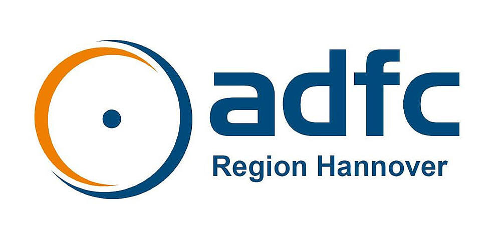 Logo in Form eines Fahrradreifens mit Schriftzug adfc Region Hannover