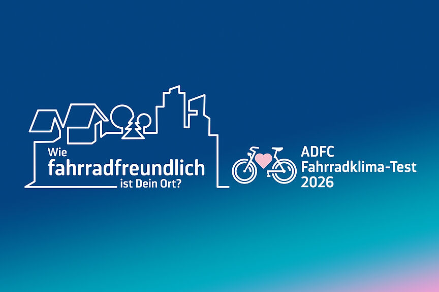 Logo FKT 2026 Logo des FKT 2026: Die Skyline einer Stadt mit dem Schriftzug "Wie fahrradfreundlich ist dein Ort? ADFC-Fahrradklima-Test 2026"