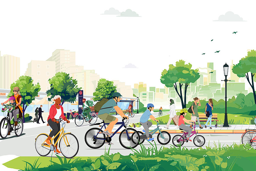 Fahrradland-Plus: Vision einer lebenswerten Stadt Illustration einer fahrradfreundlichen Stadtszene: Menschen jeden Alters fahren auf einem breiten, geschützten Radweg.