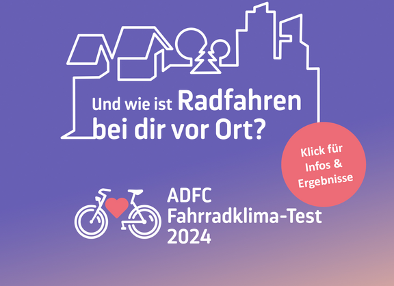 ADFC Fahrradklima-Test 2024 Ergebnisse. Violetter Verlaufshintergrund mit Stadtsilhouette. Haupttext 'Und wie ist Radfahren bei dir vor Ort?' Roter Ergebnisse-Button. ADFC-Logo unten.