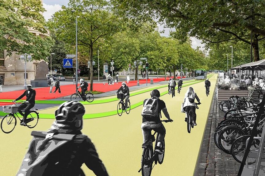 Visualisierung Georgsplatz Hannover Das Bild zeigt die Visualisierung einer Straße in Hannover. Kein Autoverkehr, dafür haben die vielen Radfahrer, Fußgänger und der ÖPNV mehr Platz.